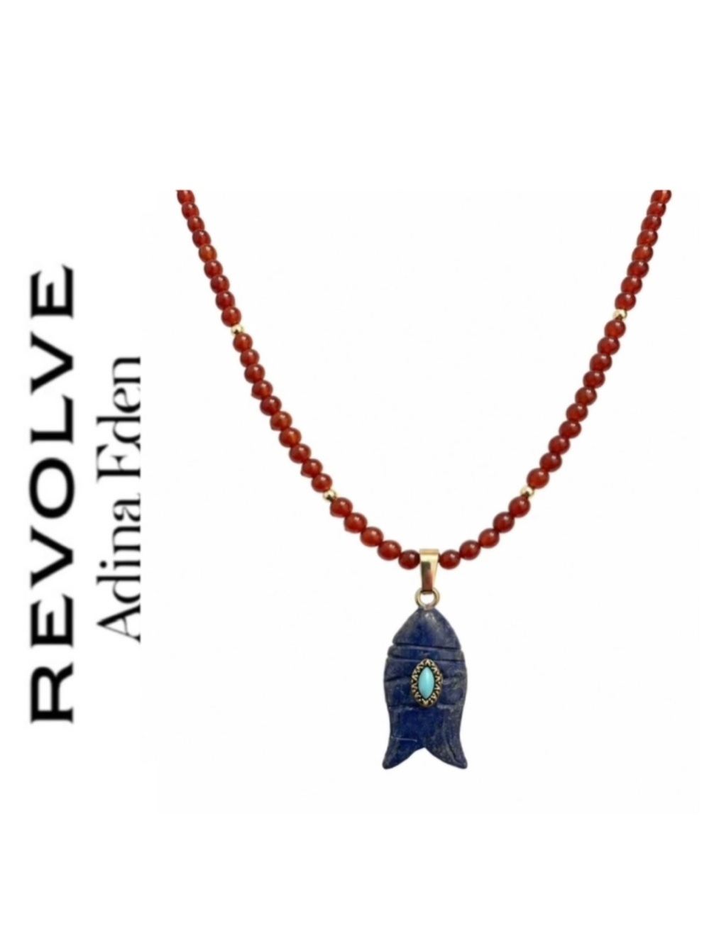 Revolve x Adina Eden Blue Lapis Fish Pendant and Red Agate Beaded Chain